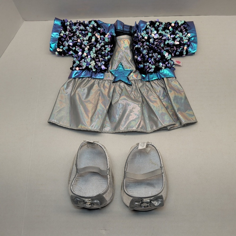Build A Bear Honey Girls Sequin Star Dress Silver Heels Shoes Costume Outfit